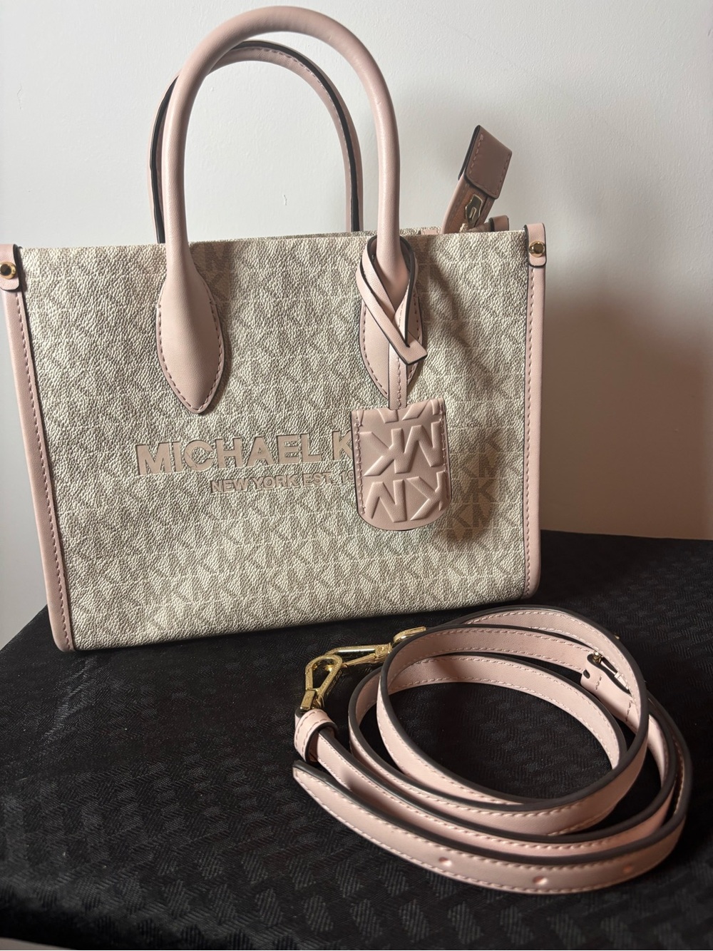Michael Kors Beige Signature Satchel with Blush Pink Trim